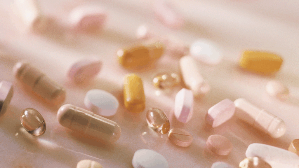 Rozrzucone kapsułki i tabletki suplementów diety na jasnym tle